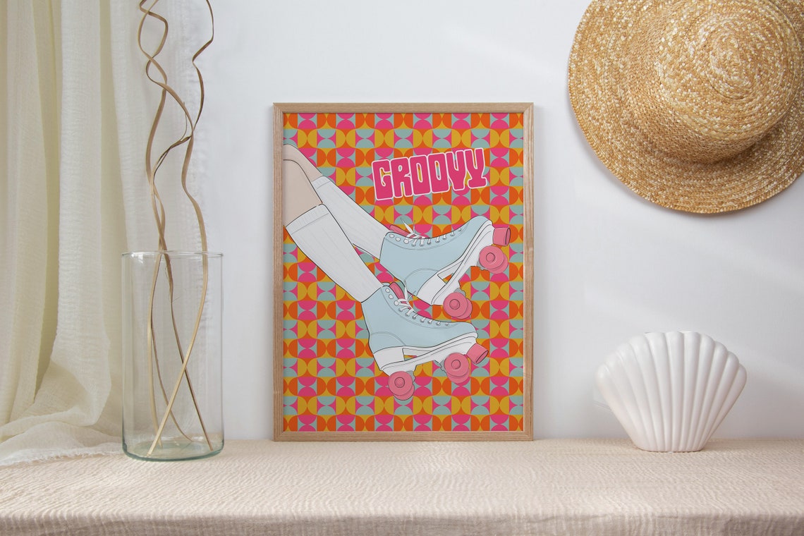 Groovy Retro Roller Skates Geometric Orange Pink 70s Skating Poster - Image 3