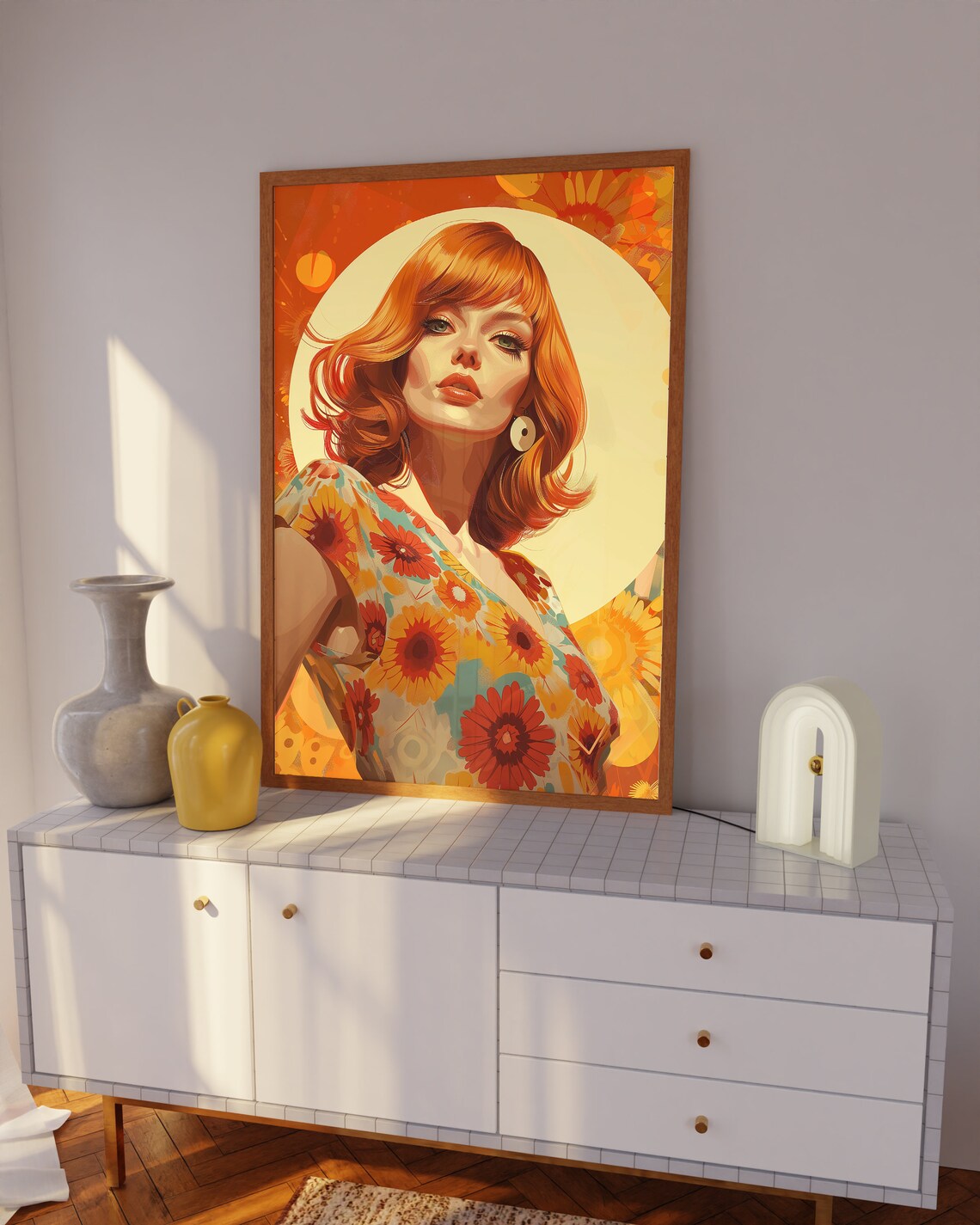Retro Redhead Woman in Floral Dress 1960s Style Portrait Poster - Image 4