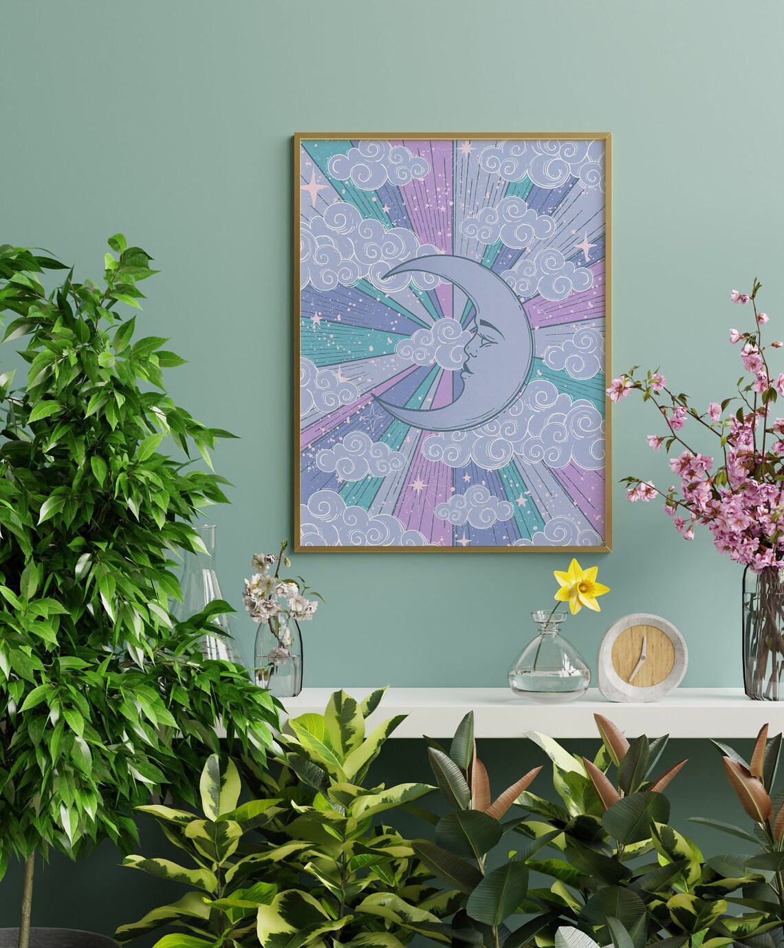 Moon and Stars Retro Celestial Art Print - Image 2