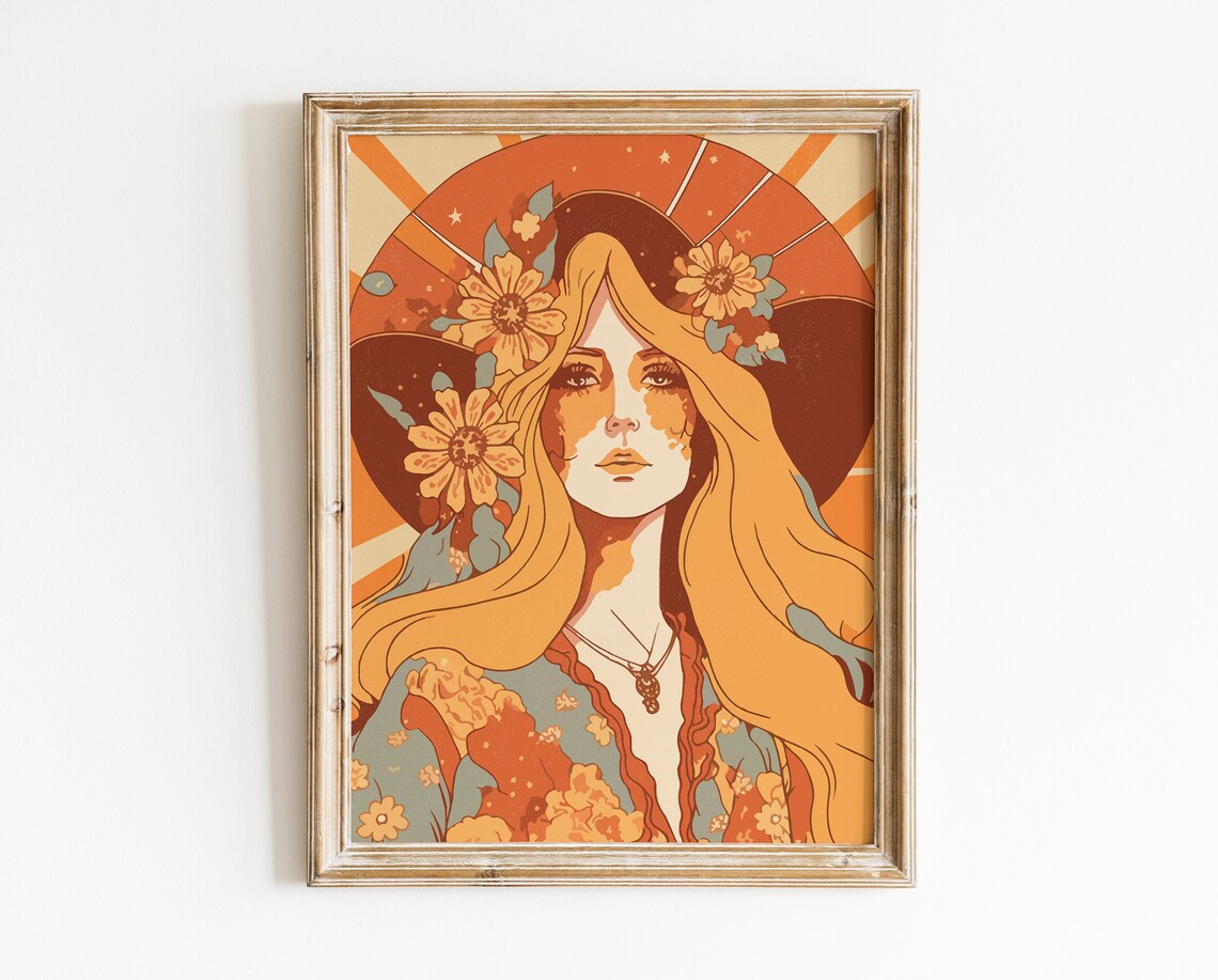 Vintage 70s Hippie Woman Flower Hair Portrait Retro Art Poster