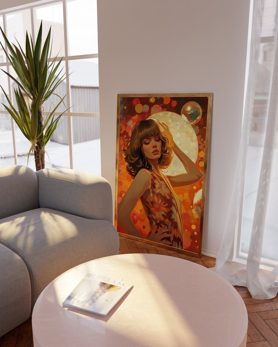 Disco Dancing Woman in Floral Dress Retro Nightlife Art Poster - Image 3