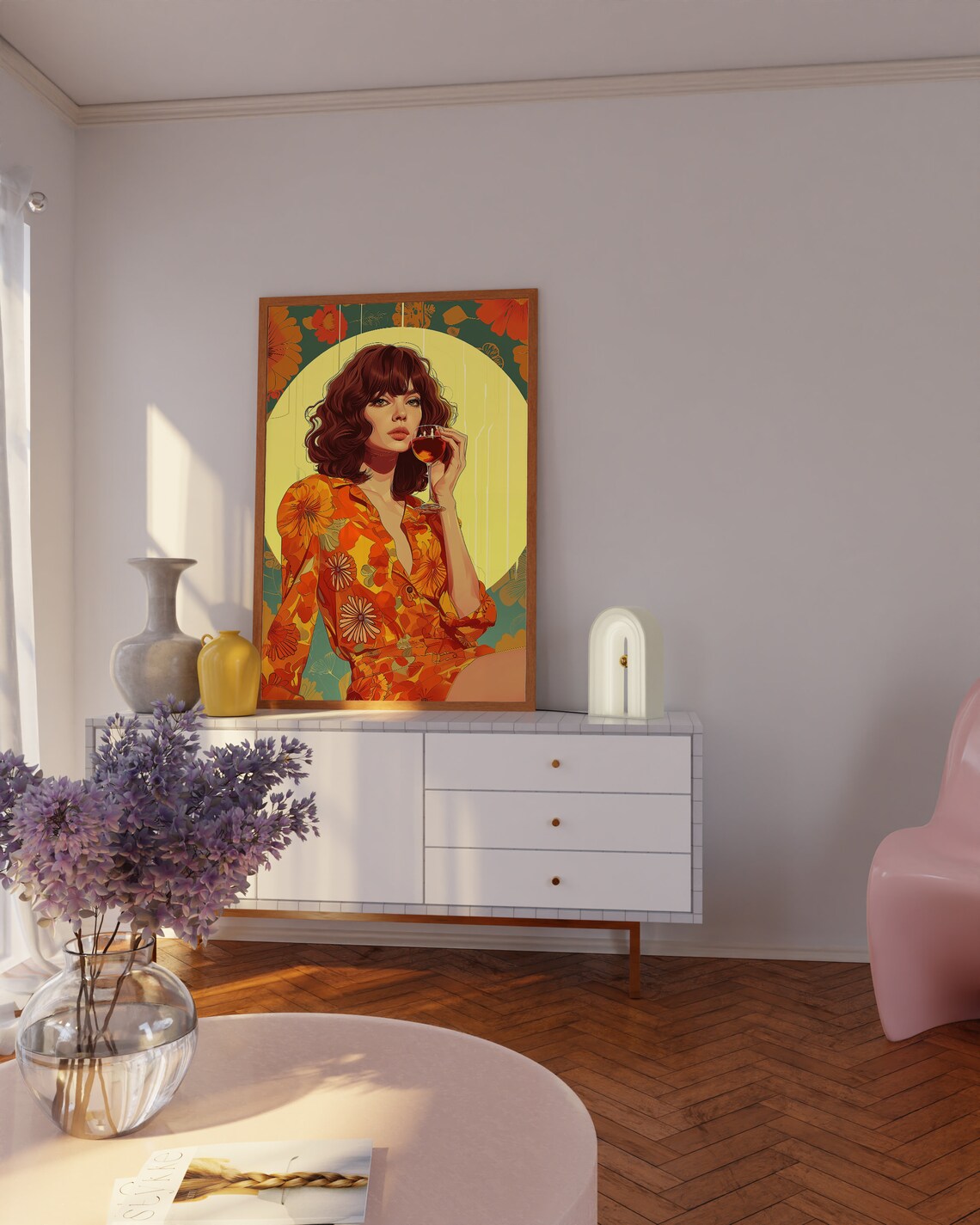 Retro Woman Sipping Wine Against Yellow Sun Circle Portrait Poster - Image 2