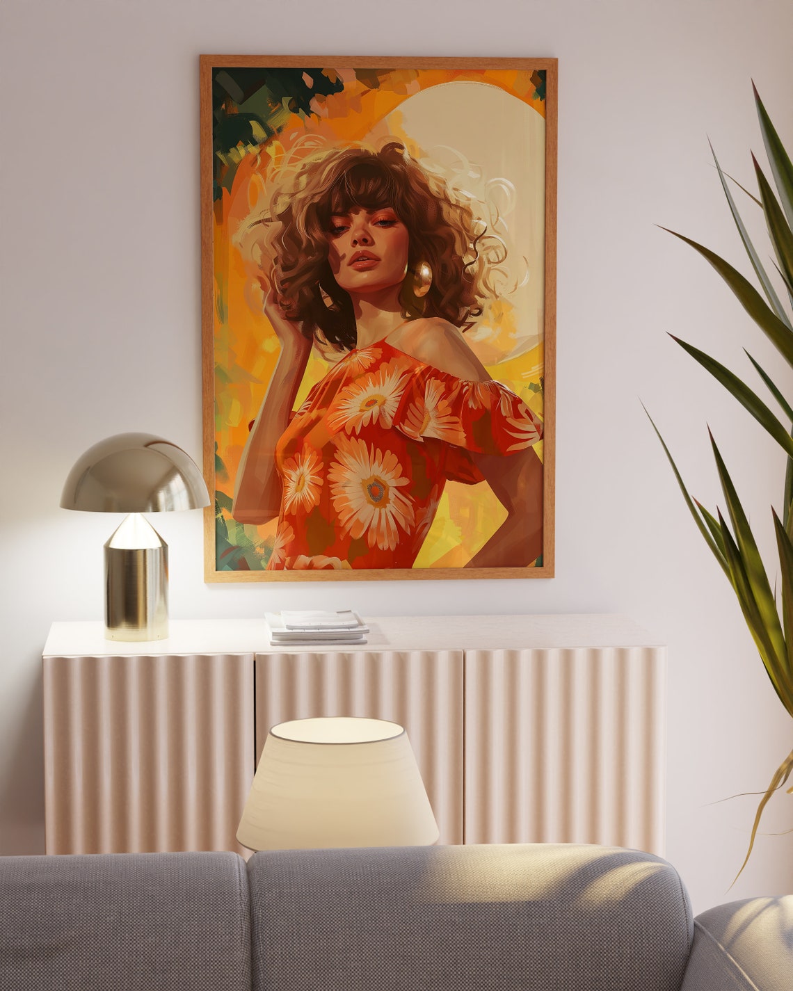 Retro Woman Portrait in Orange Floral Top Sunset Illustration Poster - Image 4