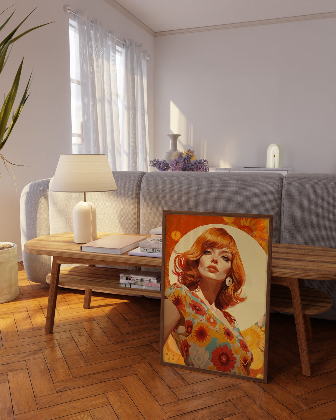 Retro Redhead Woman in Floral Dress 1960s Style Portrait Poster - Image 3