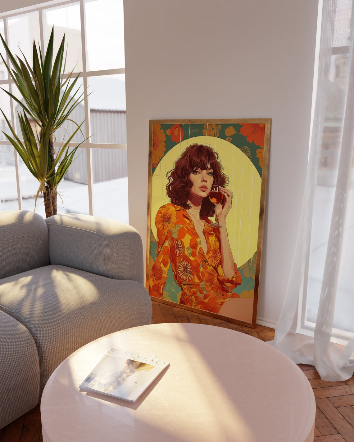 Retro Woman Sipping Wine Against Yellow Sun Circle Portrait Poster - Image 3