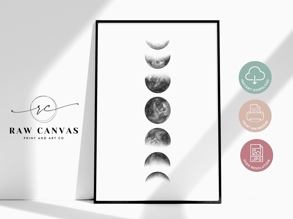Moon Phase Wall Art, Minimalist Watercolor Art Print