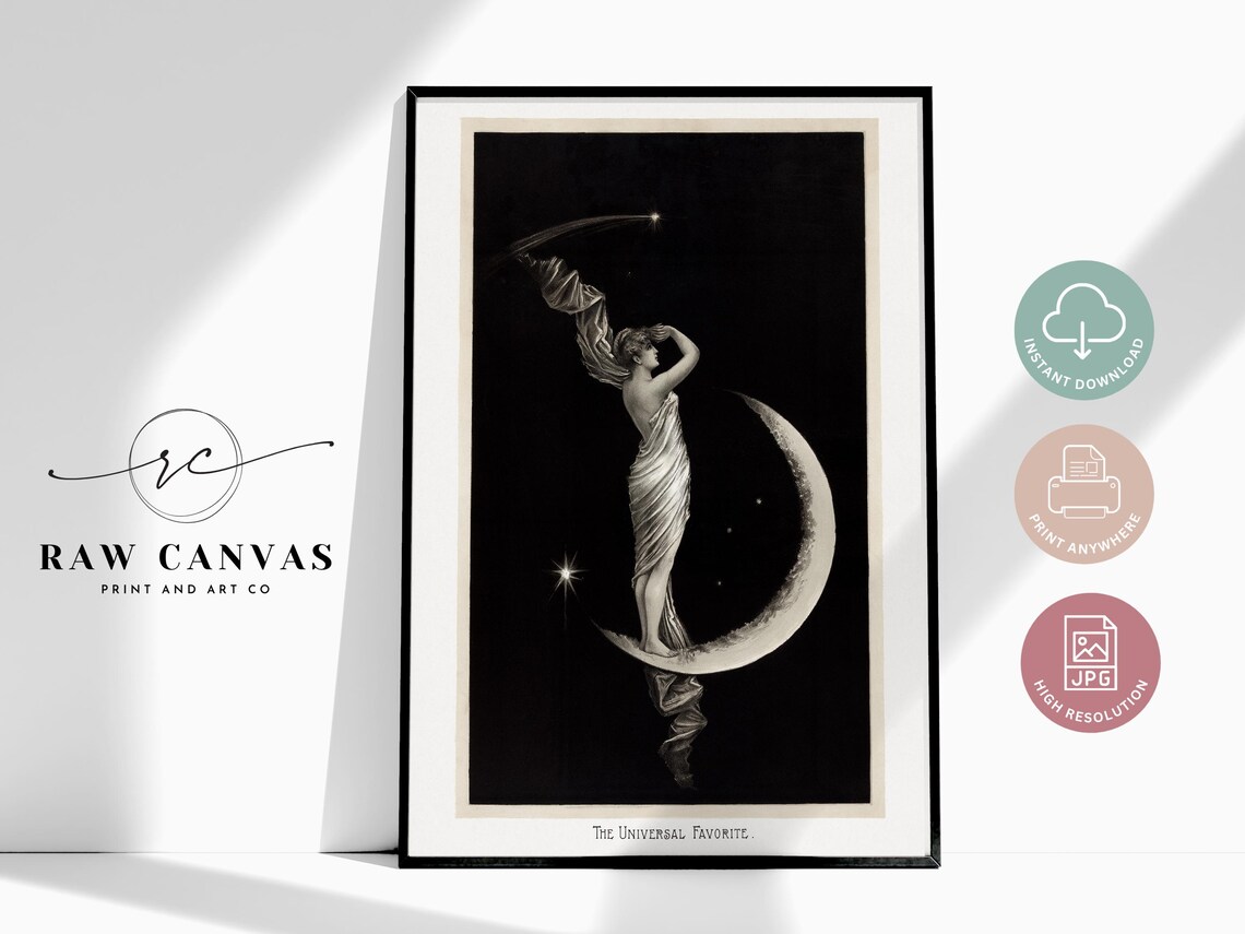 Vintage Moon Goddess, Celestial Woman on Crescent Moon