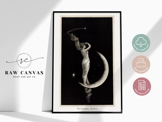Vintage Moon Goddess, Celestial Woman on Crescent Moon