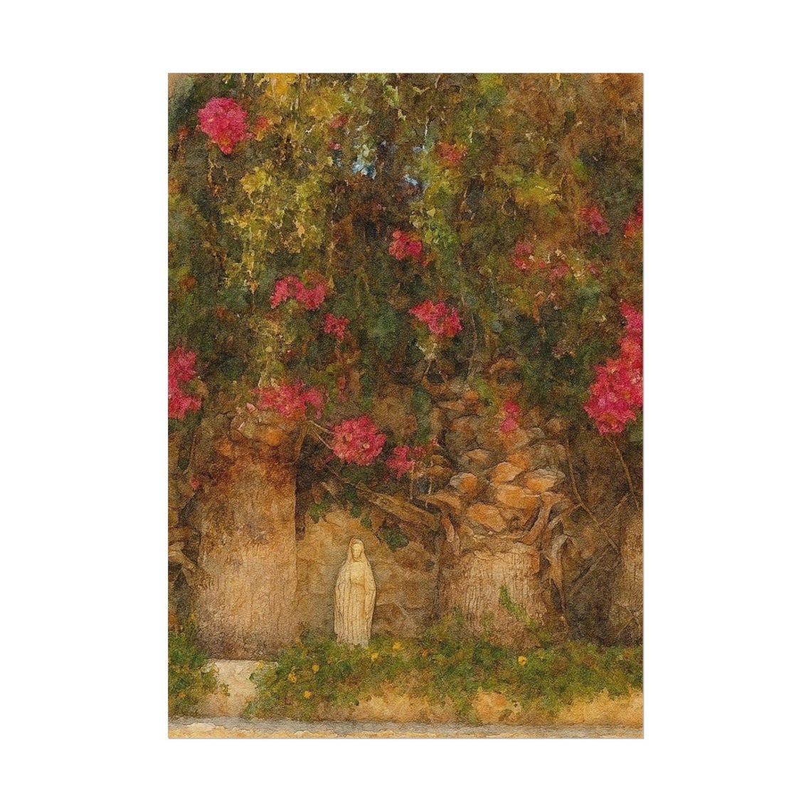 Pink Blossom Garden Stone Wall Statue Textured Watercolor Poster
