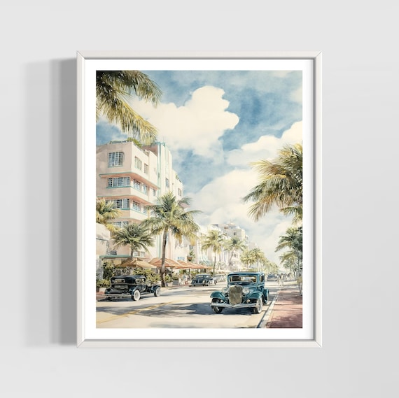 South Beach Miami Watercolor Art Print, Vintage Coastal