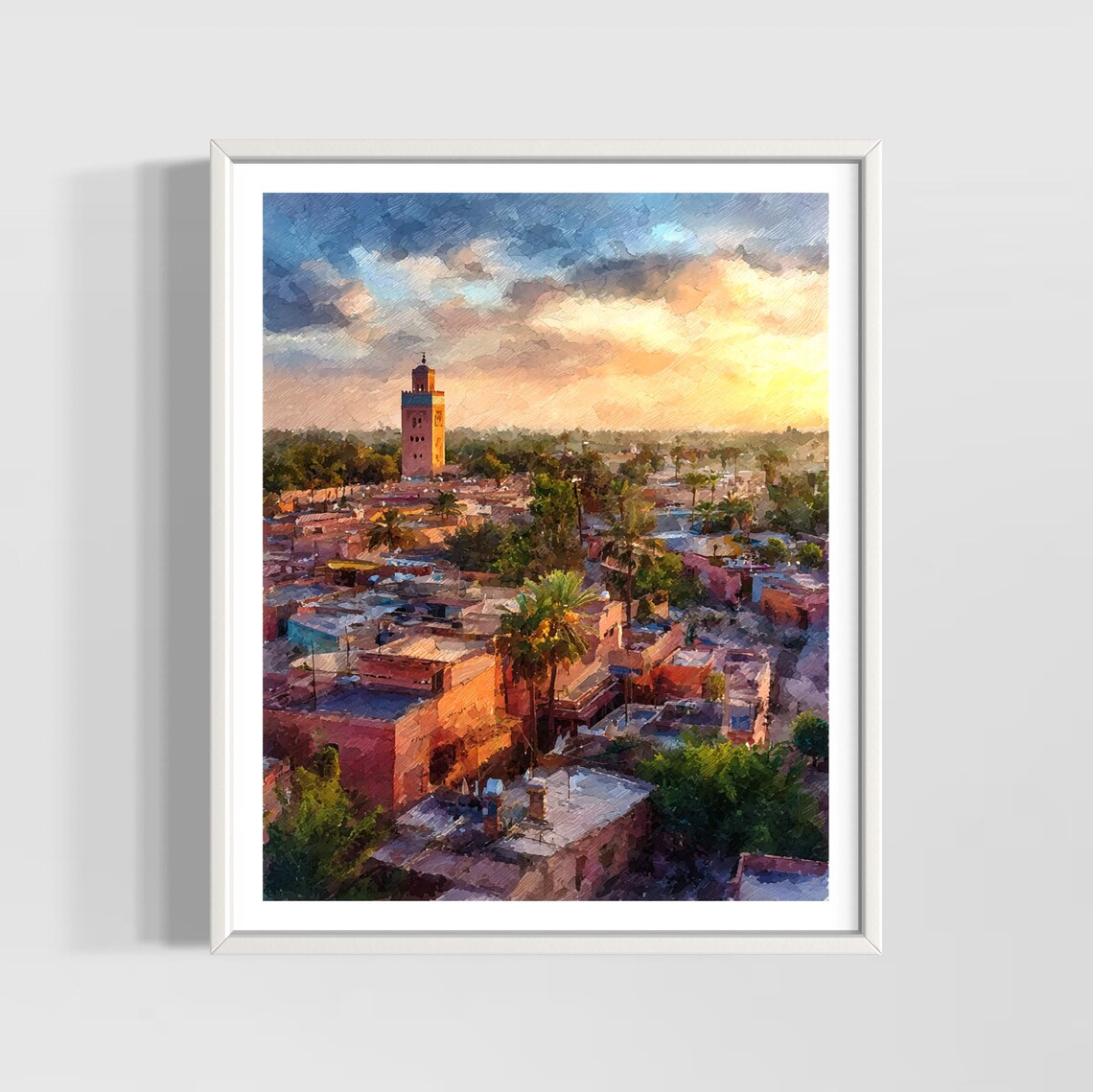 Marrakech Morocco Medina Sunset Minaret Watercolor Travel Poster