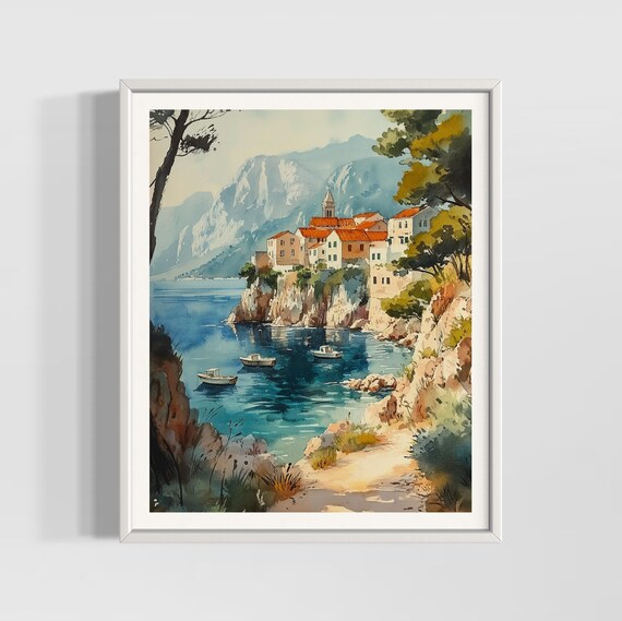 Dalmatian Coast Croatia Seaside Village Watercolor Travel Poster