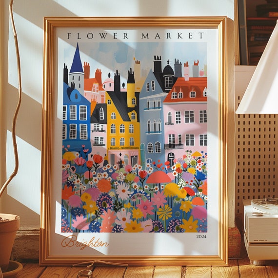 Flower Market Poster Colorful City Wall Art Uk Street Decor English Scene Vibrant Cityscape Print