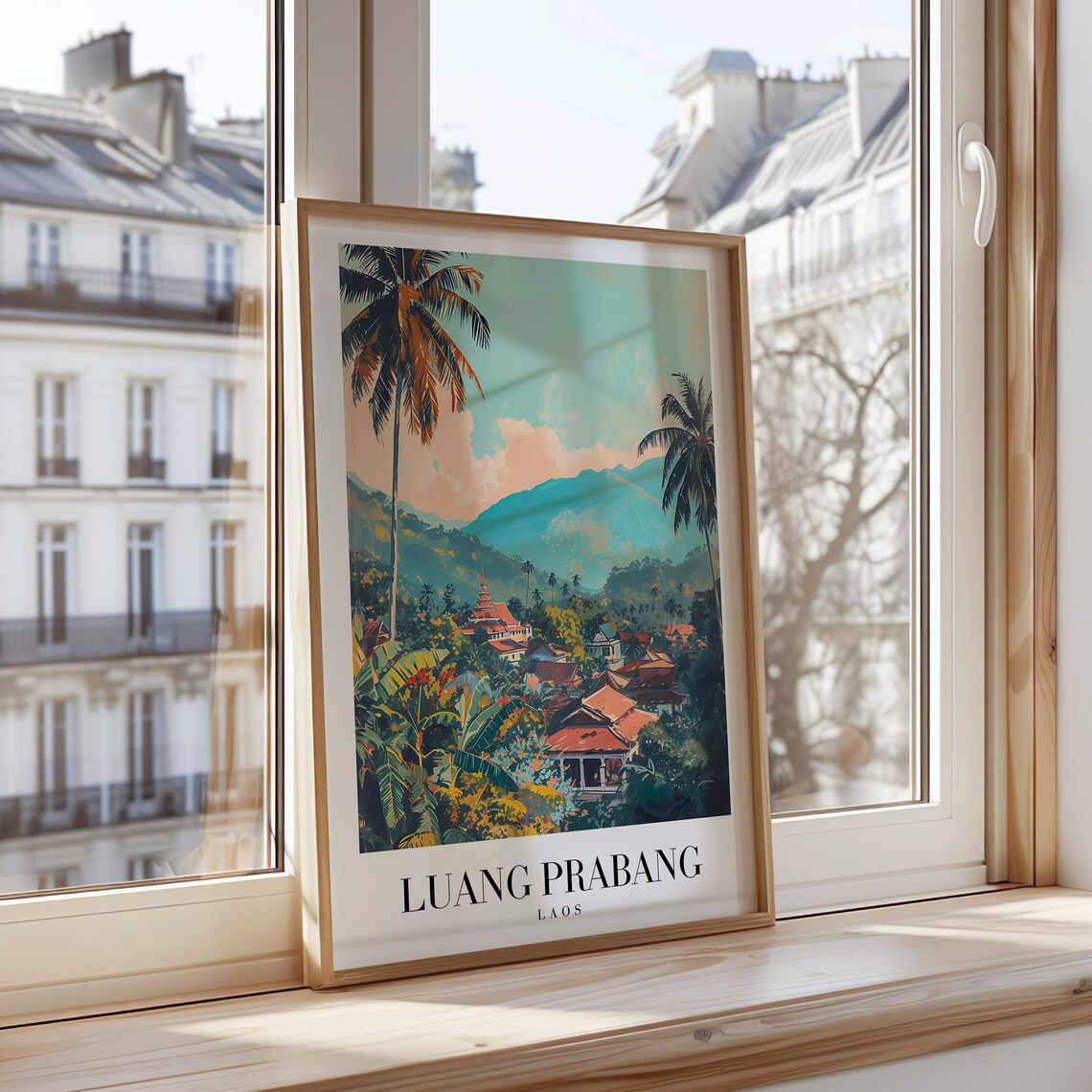 Luang Prabang Laos Tropical Temple Mountains Retro Travel Poster