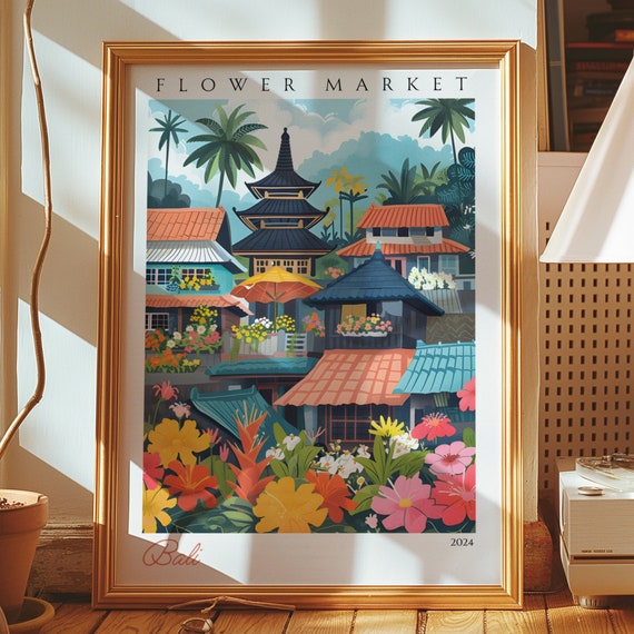 Bali Flower Market Poster Balinese Scene Tropical Wall Art Exotic Decor Colorful Cityscape Artwork