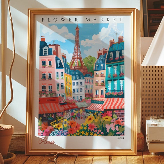 Paris Flower Market Poster Colorful Parisian Street Art Eiffel Tower Wall Decor Illustration French Print