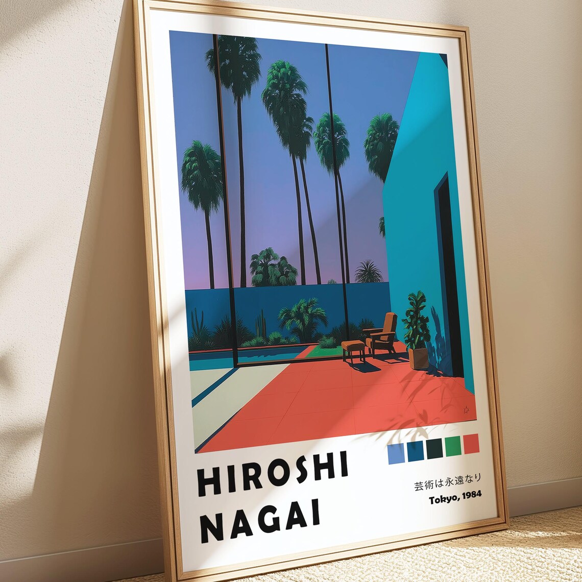 Hiroshi Nagai Poolside Palm Trees Red Deck Midcentury Retro Art Poster
