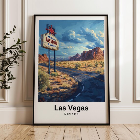 Las Vegas Nevada Iconic Welcome Sign Desert Highway View Travel Poster