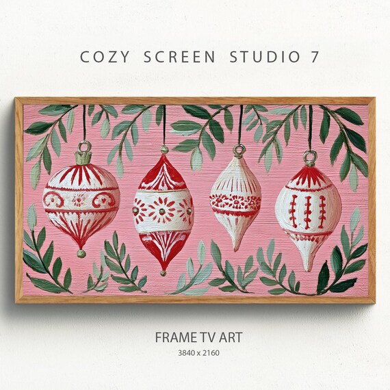 Red Chinoiserie Christmas Ornaments Pink Holiday Impasto Wall Art