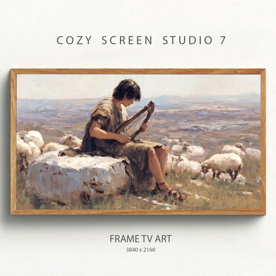 Young David Playing The Lyre With Sheep Biblical Painting Wall Art