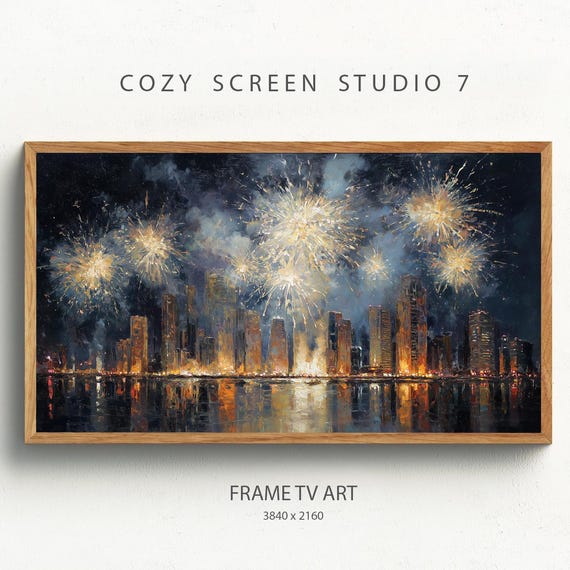 New York City Skyline Fireworks Frame Tv Art Years Eve Nyc Painting