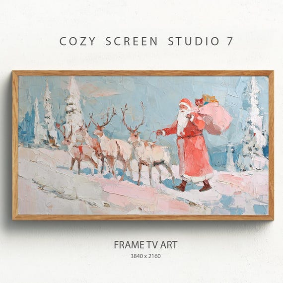 Santa And Reindeer Impasto Frame Tv Art Christmas Painting