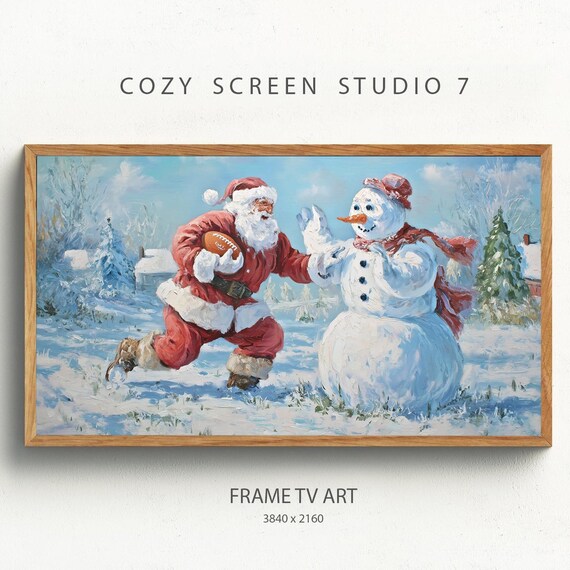 Santa Claus Playing Football With Snowman Christmas Painting Print