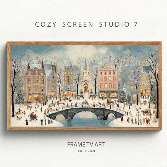 Cozy Christmas Town Bridge Snowy Village Winter Night Wall Art