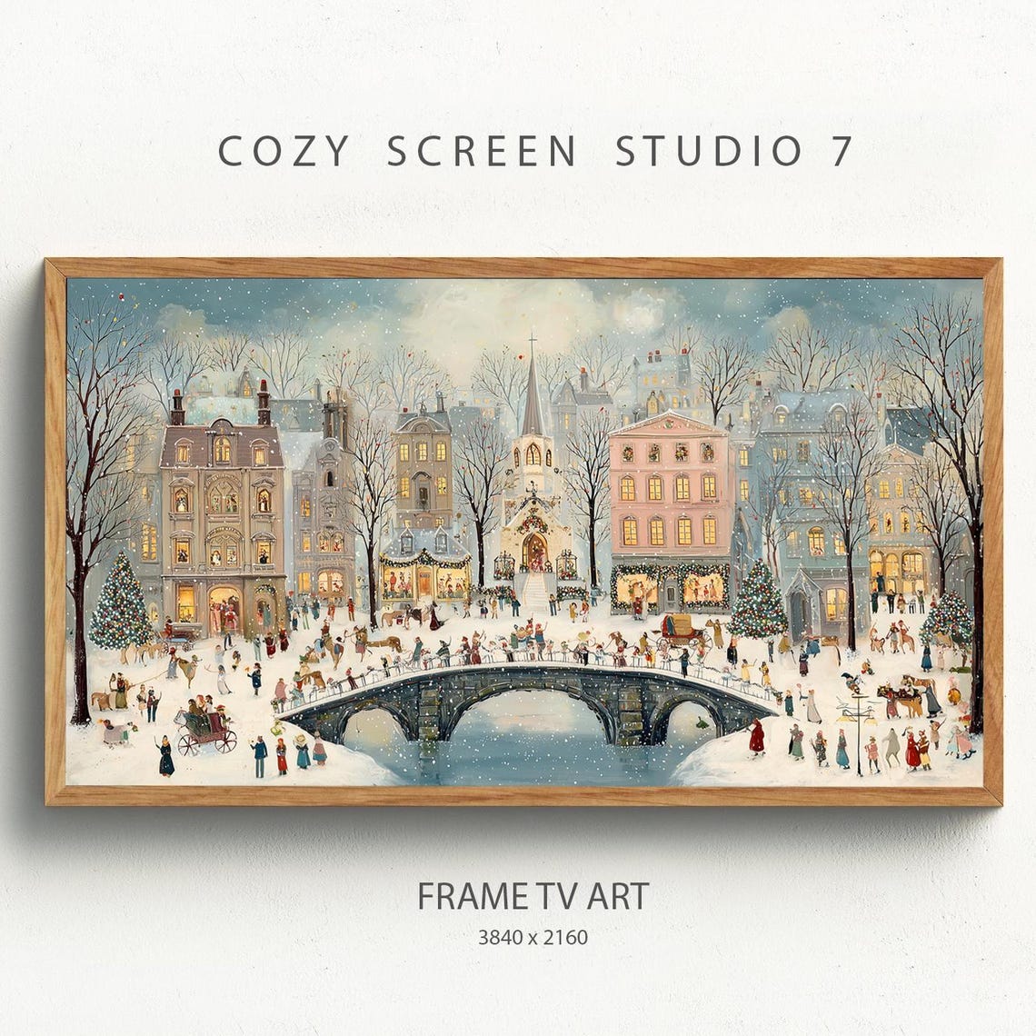 Christmas Town Bridge Samsung Frame Tv Art Winter Landscape