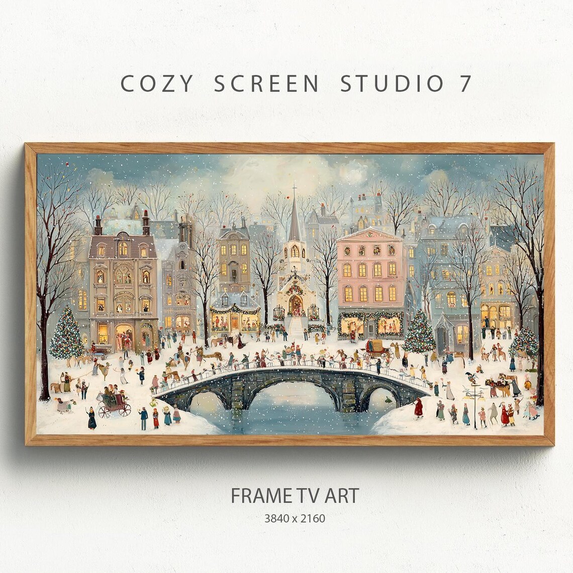 Cozy Christmas Town Bridge Snowy Village Winter Night Wall Art