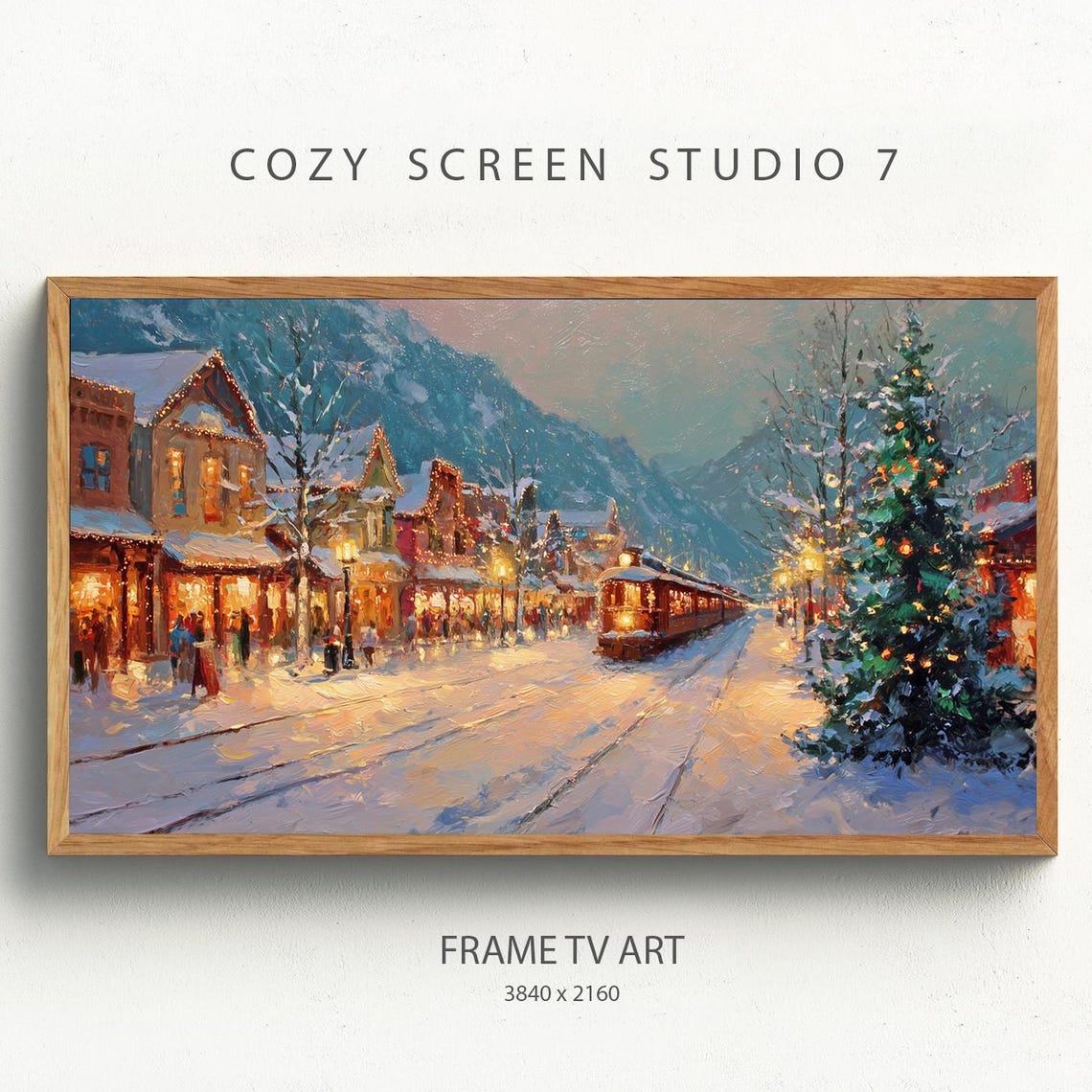 Vintage Christmas Train Painting Festive Winter Village Frame Tv Art