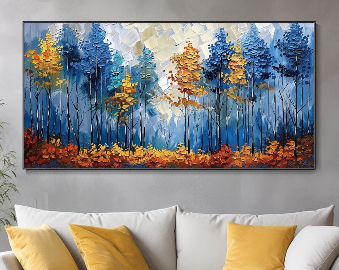 Blue Yellow Abstract Forest Palette Knife Art Print