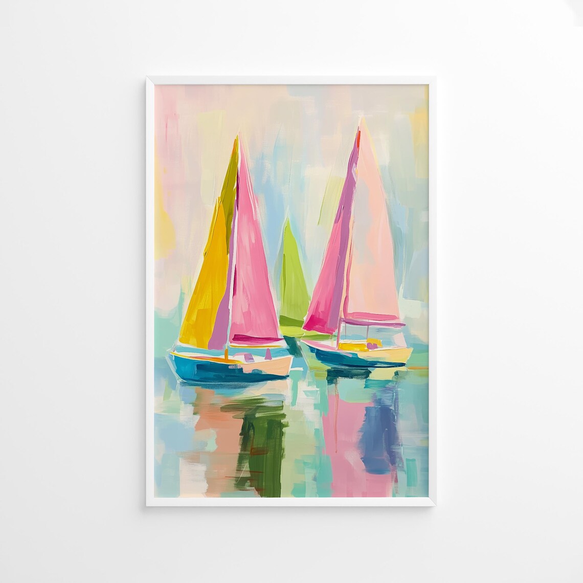 Bright Abstract Sailboats With Pink and Yellow Sails Water Poster