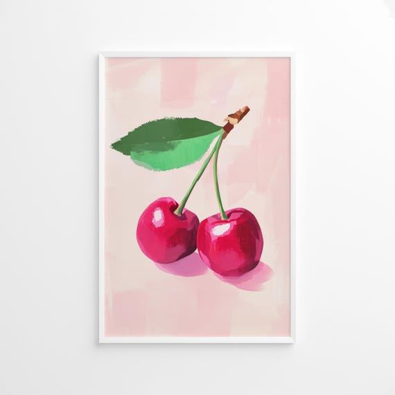 Cherry Fruit Poster Pink Pastel Kitchen Wall Art For Fresh Summer Decor
