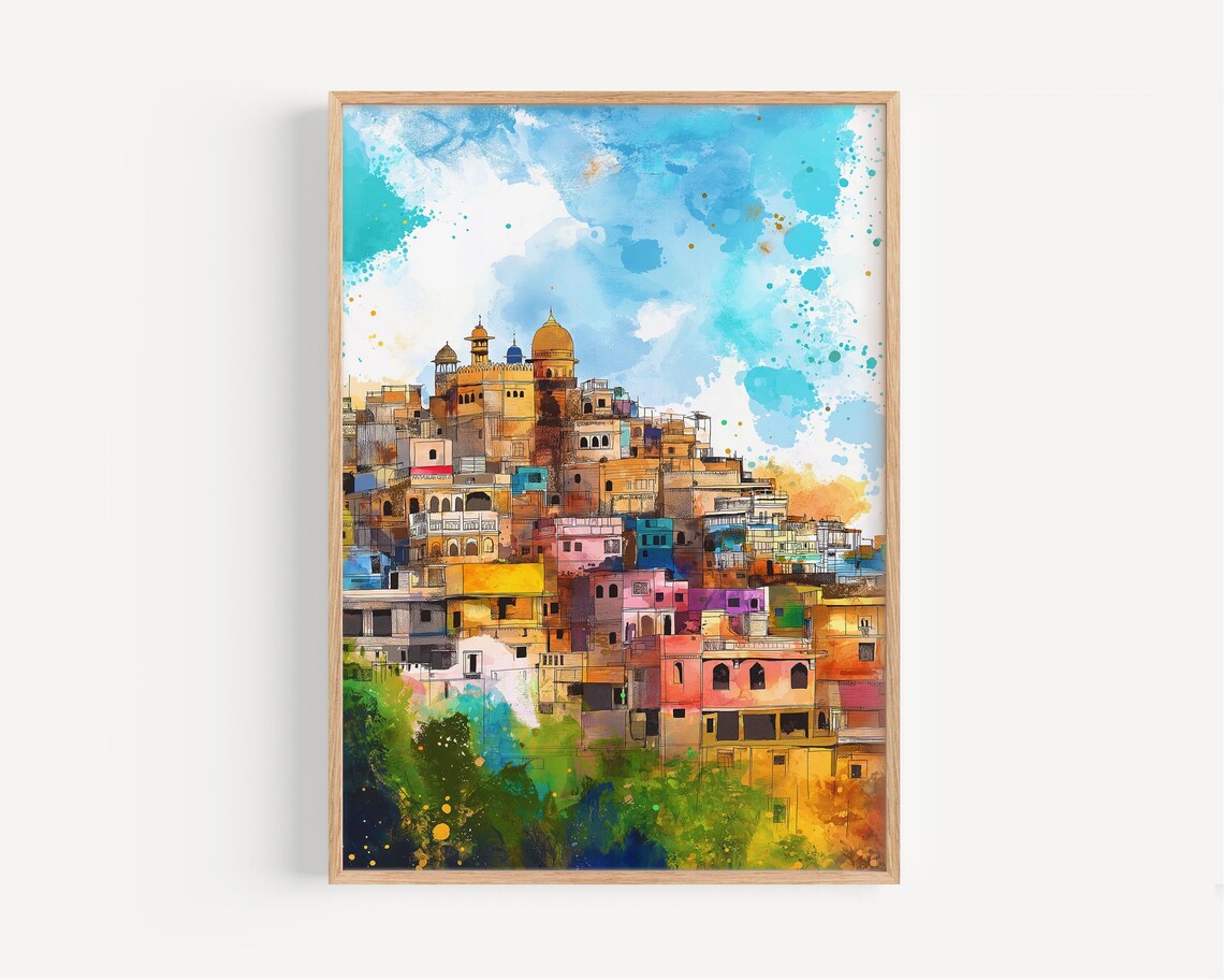 Ahmedabad Watercolor Cityscape Domes Minarets India Travel Art Poster