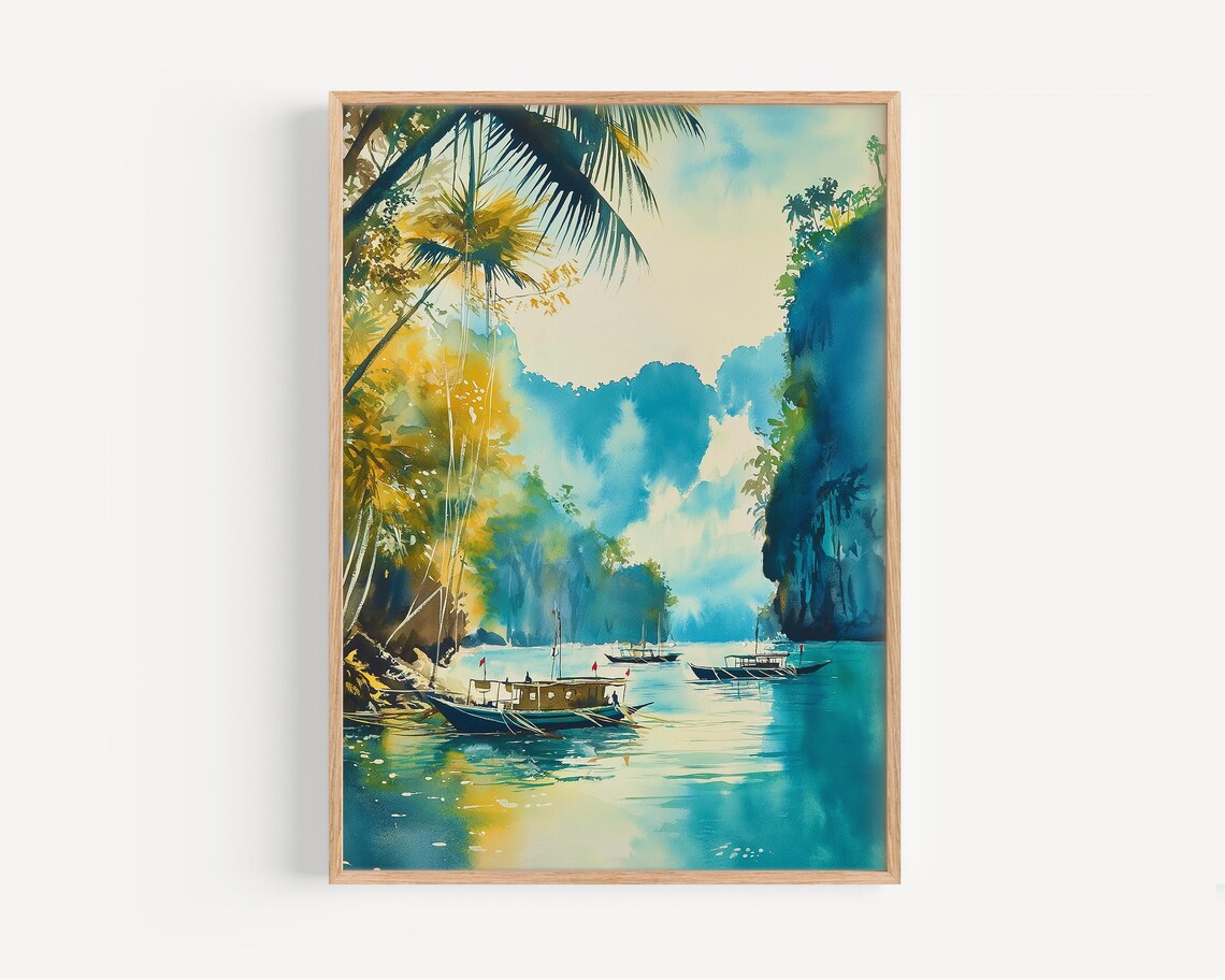 Raja Ampat Tropical Lagoon Watercolor Boats Palms Island Travel Poster