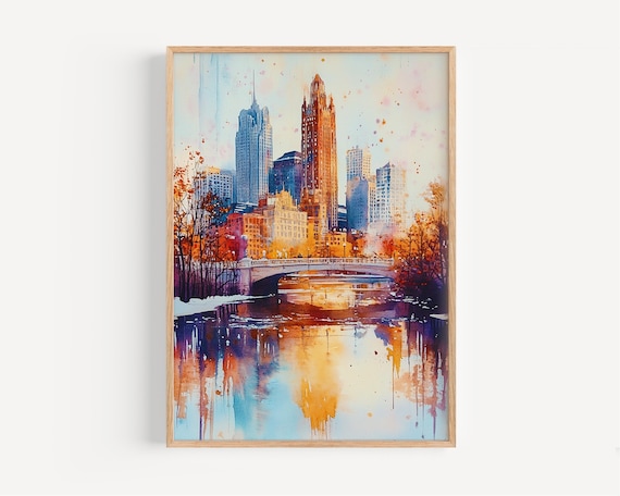 Columbus Ohio Skyline Watercolor Poster River Bridge Autumn Art