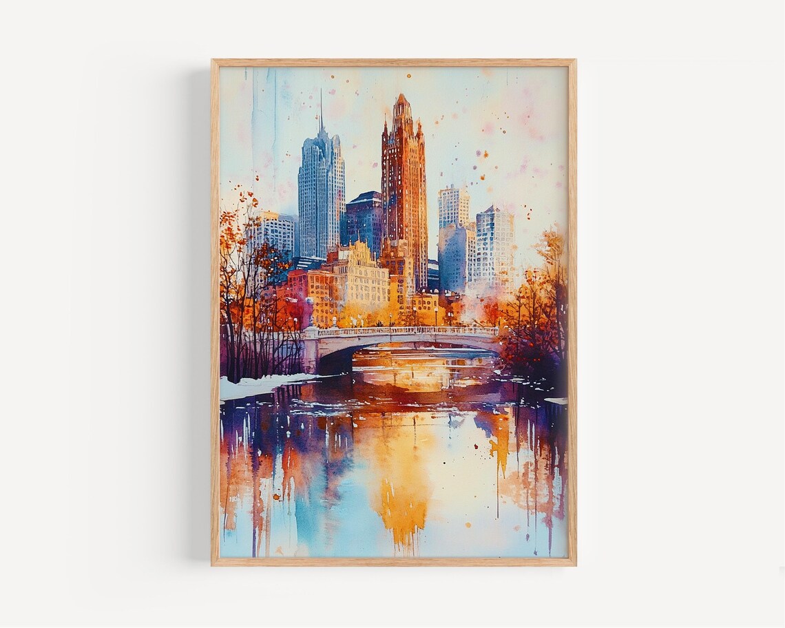 Columbus Ohio Skyline Watercolor Poster River Bridge Autumn Art