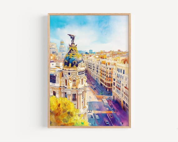 Madrid Spain Watercolor Art Metropolis Building Gran Via Street Poster