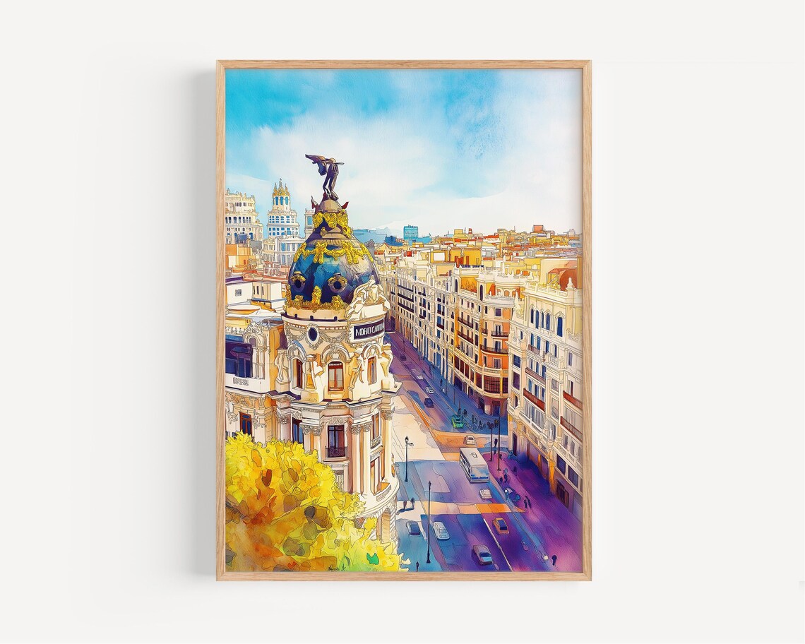 Madrid Spain Watercolor Art Metropolis Building Gran Via Street Poster