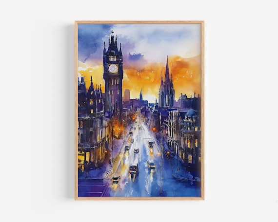 Manchester England Dusk Skyline Clock Tower Watercolor Poster