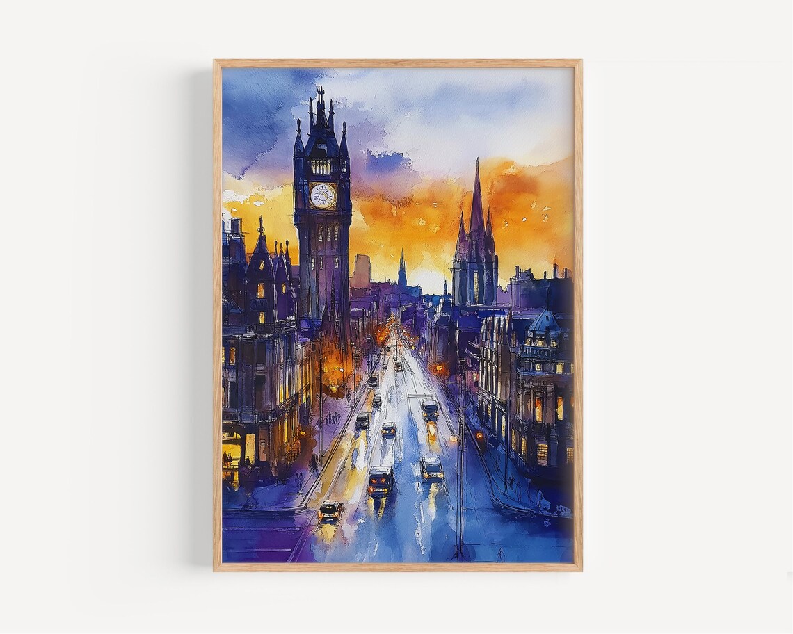 Manchester England Dusk Skyline Clock Tower Watercolor Poster