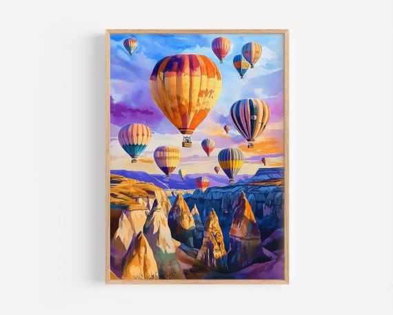 Cappadocia Watercolor Print Wall Art Turkey Poster Travel Decor Illustration Home Balloon Artwork