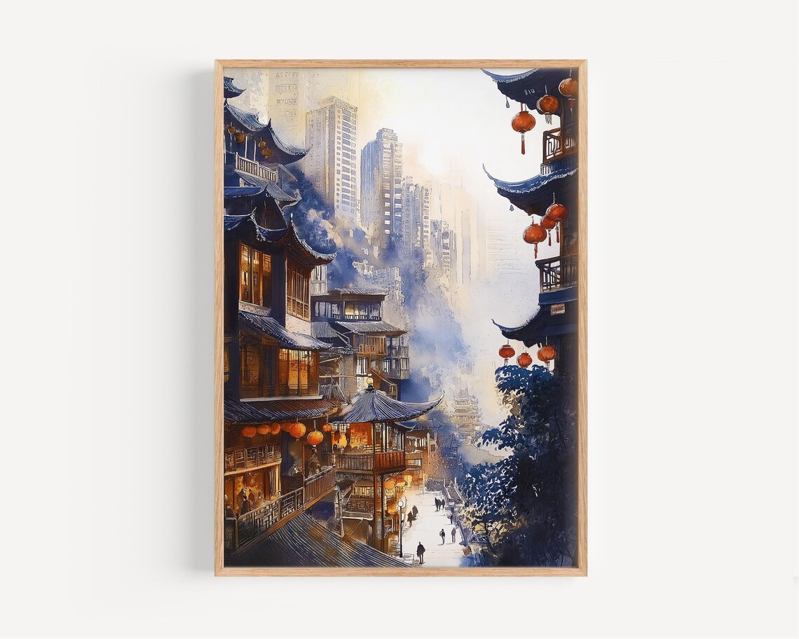 Chongqing China Old Town Lanterns Watercolor Street Travel Poster