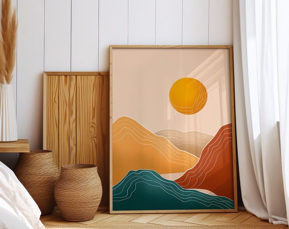 Abstract Sunrise Illustration Neutral Wall Art Landscape Art Print Terracotta Wall Art Boho Art Prints Sunshine Prints