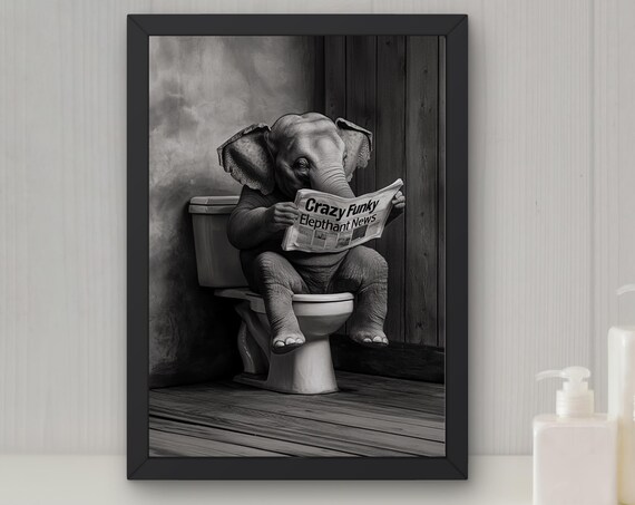 Baby Elephant Reading a Newspaper on the Toilet Funny Poster