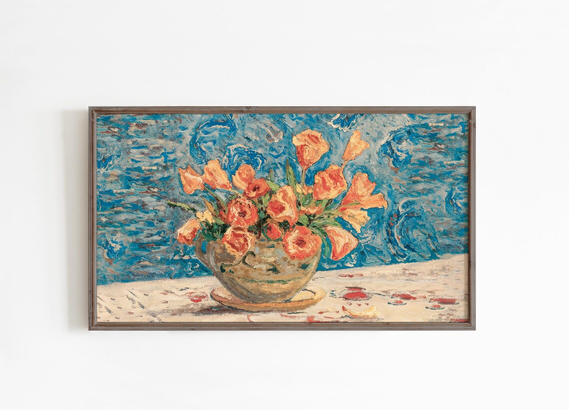 Orange Poppies Vase Swirling Blue Background Expressive Floral Still Life Poster - Image 2