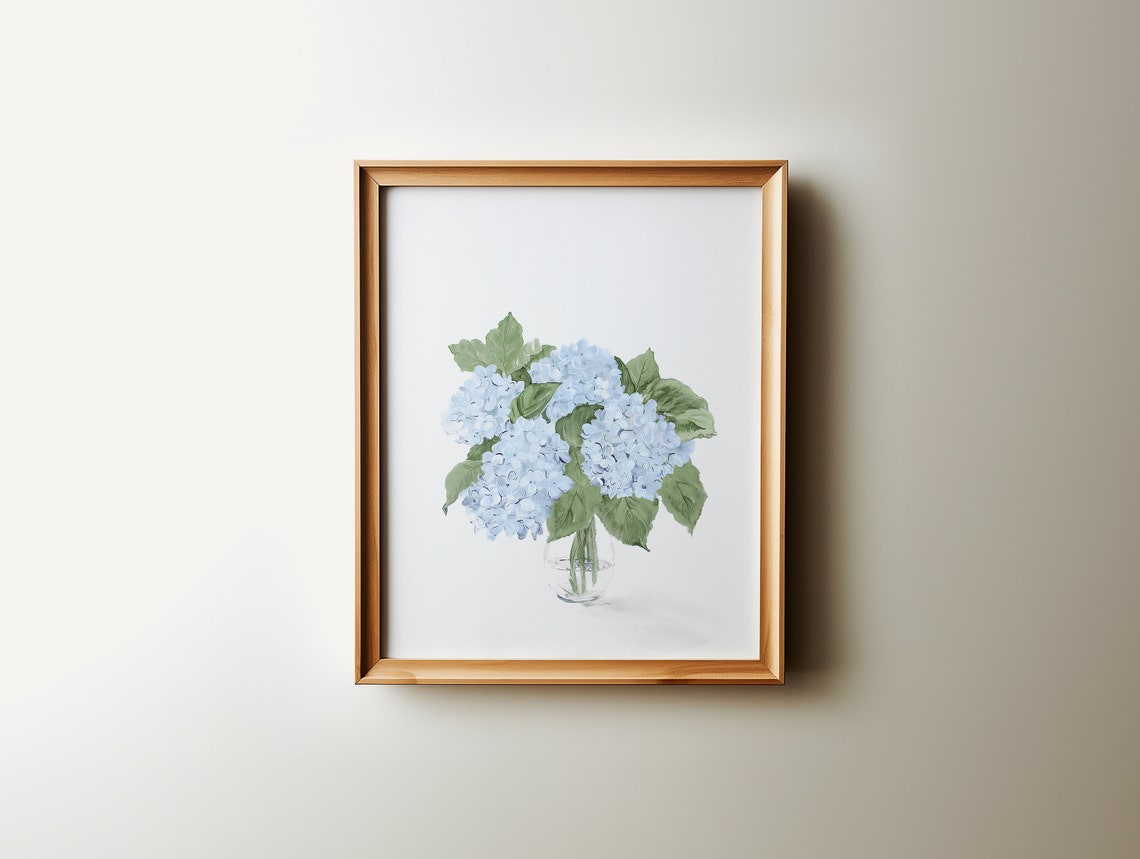 Blue Hydrangea Bouquet in Glass Vase Watercolor Botanical Wall Art