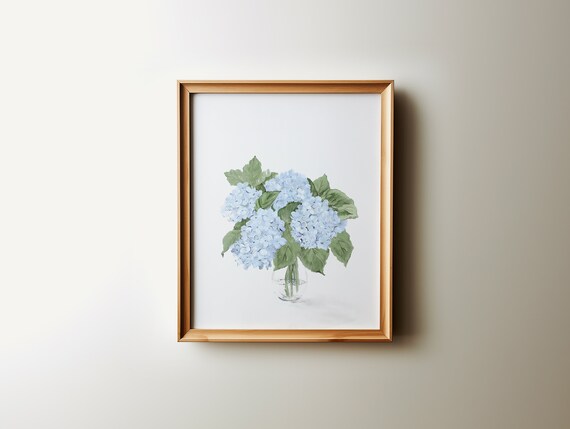 Blue Hydrangea Bouquet in Glass Vase Watercolor Botanical Wall Art