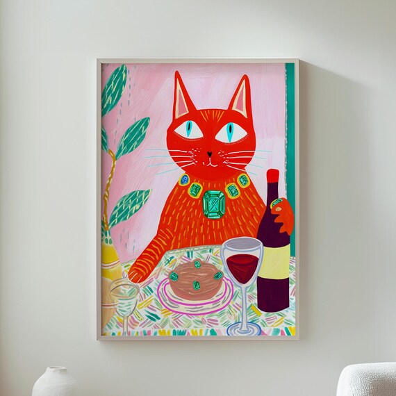 Red Cat With Wine And Dinner Table Whimsical Funny Cat Poster